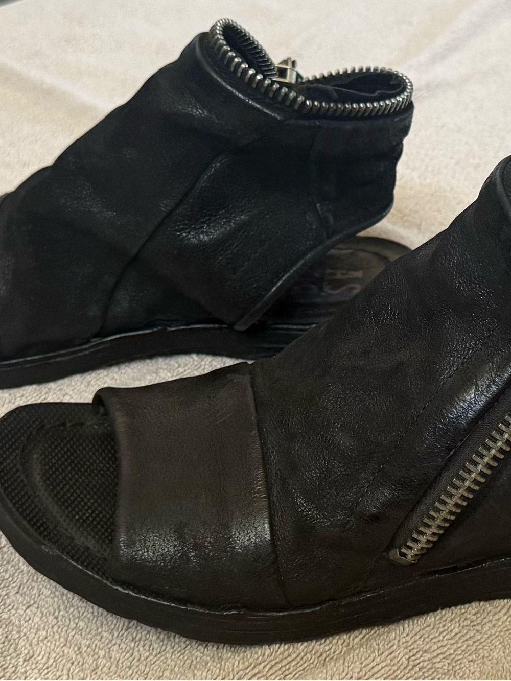 A.S.98 Black Leather Open-Toe Zip Sandals